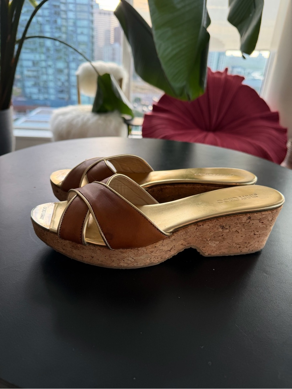 Jimmy Choo Brown Cork Wedge Slide Sandals